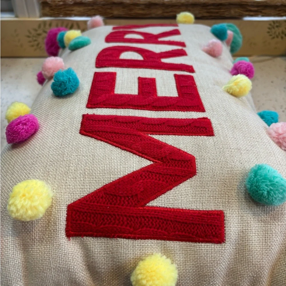 Festive 'MERRY' Holiday Pillow‎ with Colorful Pom-Poms